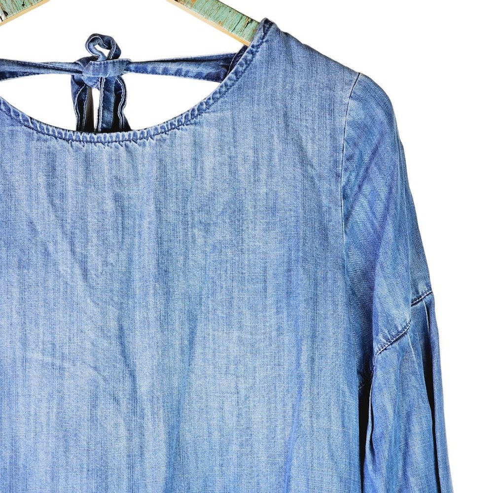 Anthropologie Cloth & Stone Tencil Chambray Bell Sleeve Open Back Dress, Sz M - Picture 4 of 10